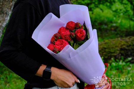 Букет из 7 пионовидных красных роз в пленке "Ред Пиано"